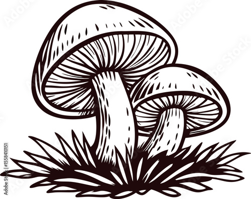 Hand drawn wild mushrooms with grass vintage botanical fungus sketch line art illustration