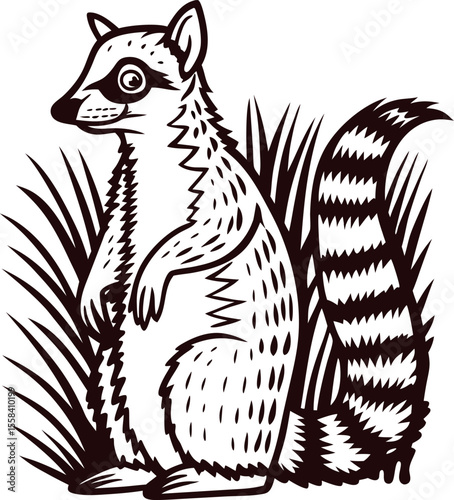 Vintage hand drawn illustration of a standing coati in grass with patterned tail and textured fur