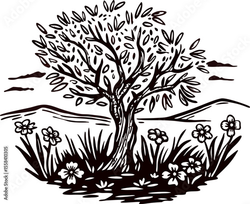 Hand drawn olive tree with detailed trunk and branches on grassy field with wildflowers and hills