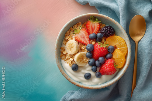Top View of Granola Bowl with Fruits, Spoon, and Napkin on Left Side – Minimal Pastel Background with Ample Copy Space on Right