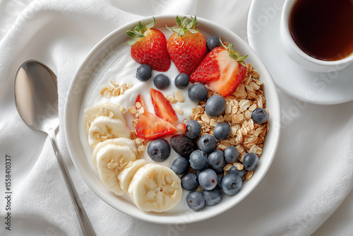 Top View of Healthy Breakfast Bowl with Fresh Fruits and Granola on White Table – Clean Composition with Copy Space on Right