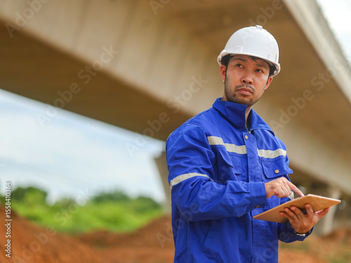 Asian engineer working with tablet at site of a large building project,Thailand people,Work overtime at construction site
