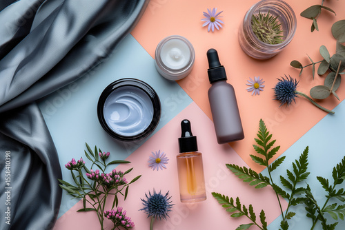 Top View of Skincare Tube, Jar, and Dropper Bottle on Soft Linen – Left-Aligned on Pastel Background for Beauty Branding or Product Mockup