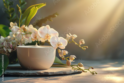 White Ceramic Cream Jar on Stone with Orchid Flowers and Soft Golden Backlight – Luxury Skincare Product Scene with Warm Cinematic Lighting