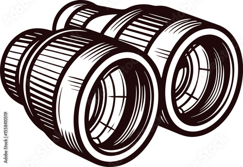 Hand drawn binoculars vintage engraved illustration black and white isolated on white background