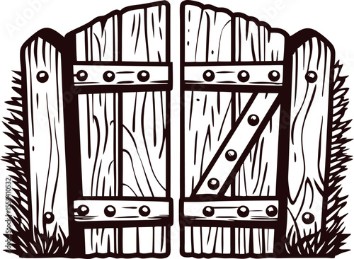 Rustic wooden garden gate with grass, hand drawn illustration in vintage engraved on white background