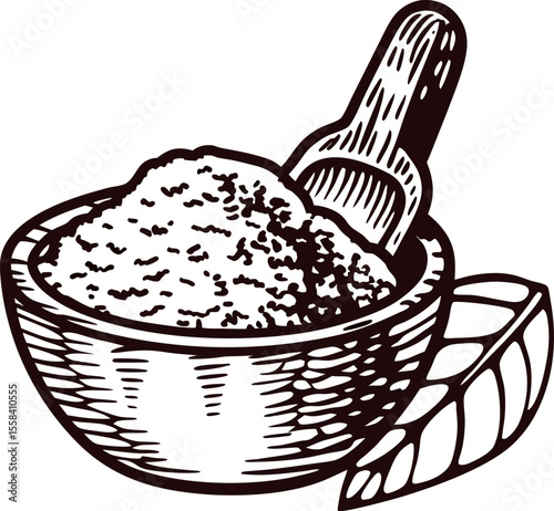 Hand drawn wooden bowl filled with powder and scoop beside leaf illustration vintage
