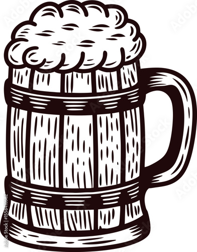 Vintage hand drawn wooden beer mug with foam engraved rustic illustration of classic ale tankard isolated