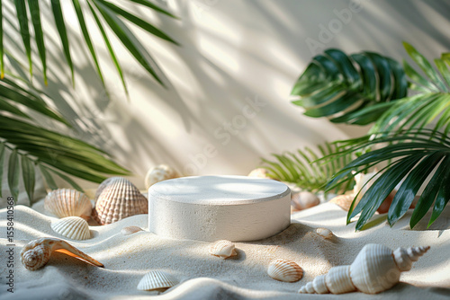 White Textured Podium on Sand with Seashells and Palm Leaves – Golden Sunlight, High Contrast, Clean Background for Summer Product Display or Branding