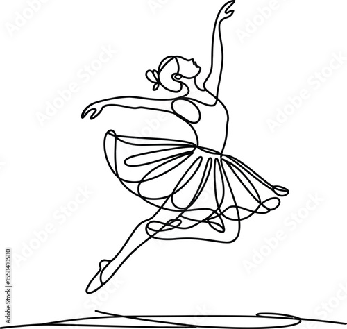 Continuous One Line Drawing of a Ballerina Dancing Gracefully – Minimalist Vector Art of a Ballet Dancer Leaping in Elegant Pose with Tutu

