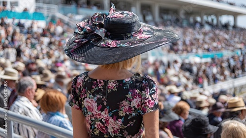Woman in floral dress and wide hat standing in grandstand at elegant outdoor event with large crowd