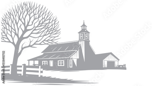 Hand-drawn Illustration of a Rural Farm Scene with Barn and Trees