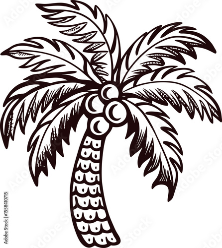 hand drawn tropical coconut palm tree illustration with detailed leaves and fruit on white background