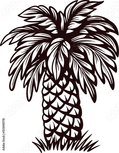 Vintage engraved palm tree with bushy leaves and textured trunk, hand drawn black and white botanical illustration