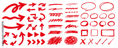 手描きの楕円、矢印、線のセット。落書き風の装飾。グランジ、落書き、筆風の図形ベクターイラスト。