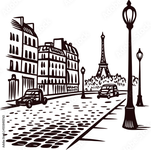 hand drawn illustration of city street with vintage cars, classic buildings, lampposts, and iconic tower in distance