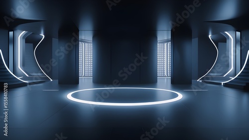 Big Large Neon Stage Podium Laser Blue Dark Night Warehouse Tunnel Corridor Concrete Garage Grunge Sci Fi Futuristic Underground Showcase Car Parking Empty 3D Rendering