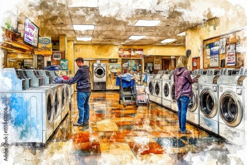 Modern Laundromat Interior with Customers Engaged in Laundry Activities, Featuring Washers, Dryers, and a Neat, Colorful Floor Design