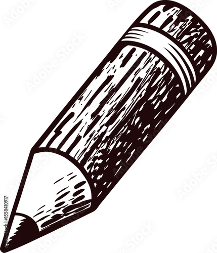 Hand drawn black illustration of wooden pencil isolated on white background vintage sketch art