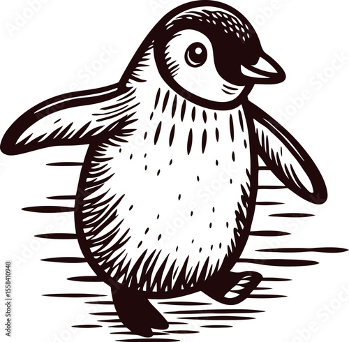 Walking baby penguin black and white sketch hand drawn vintage engraved illustration