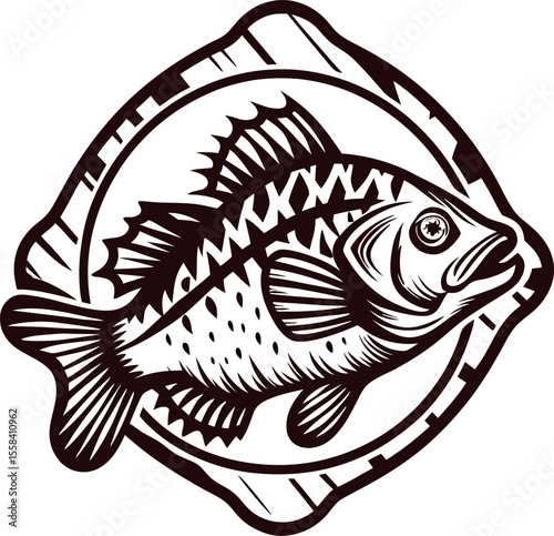 Detailed vintage engraved illustration of a largemouth bass fish with decorative frame and bold fins isolated on white