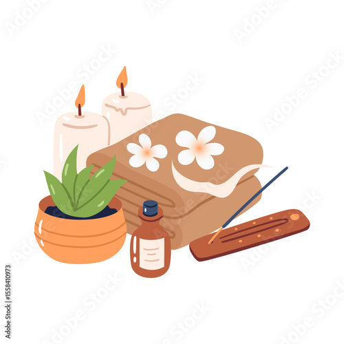 Composition of soft towels,aromatic incense and flowers. Hand drawn vector illustration for wellness branding, aromatherapy packaging and spa menu design.