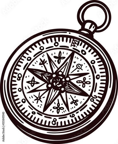 Hand drawn vintage compass illustration with intricate cardinal points and detailed etching