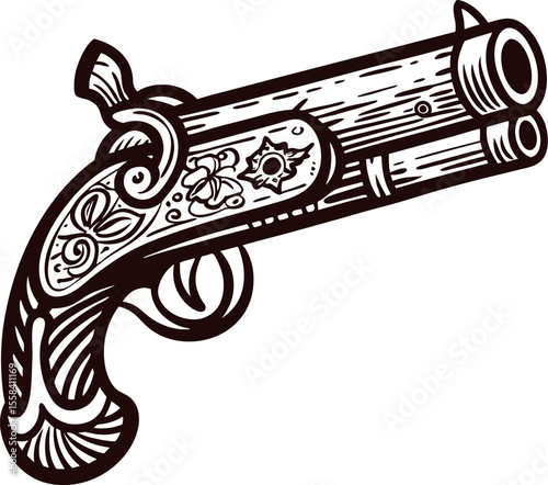 Antique engraved double barrel flintlock pistol illustration with ornate floral vintage design