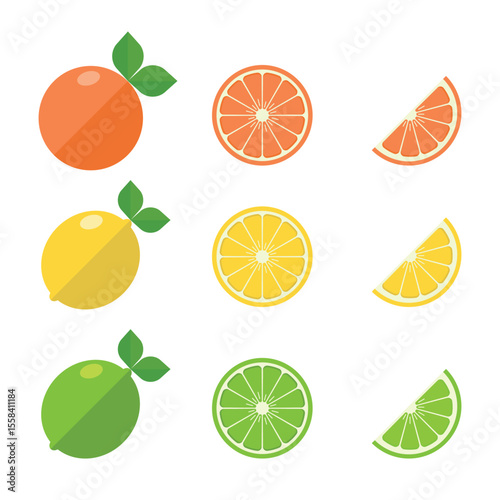 Citrus Fruit Vector Set – Orange, Lemon, and Lime Flat Icons for Healthy Food Design