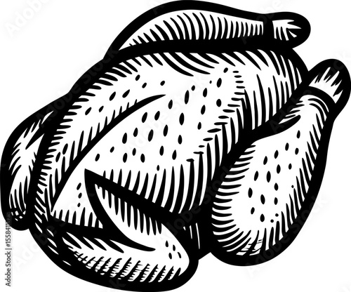 Hand drawn whole raw chicken in vintage engraved etching isolated on white background