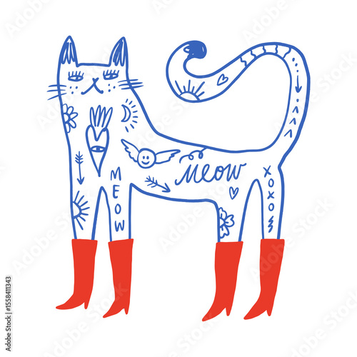 Vector clip-art fashion tattooed cat in red color boots sticker. EPS and JPG illustration. Funky kitten doodle trendy print, colorful hand drawn childish cartoon positive vibe art. Groovy kids girlish