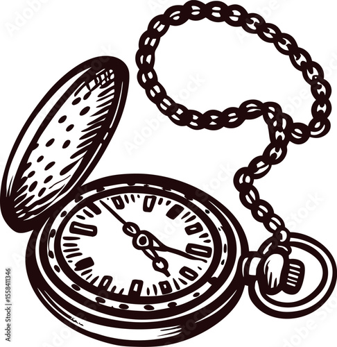 Vintage engraved illustration of an open pocket watch with chain and classic roman numerals