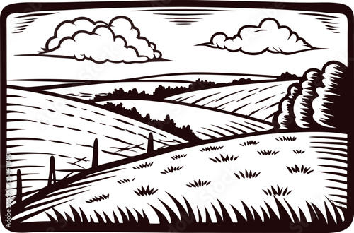 Hand drawn countryside landscape with rolling hills, fields, clouds, and trees in vintage engraving sketch
