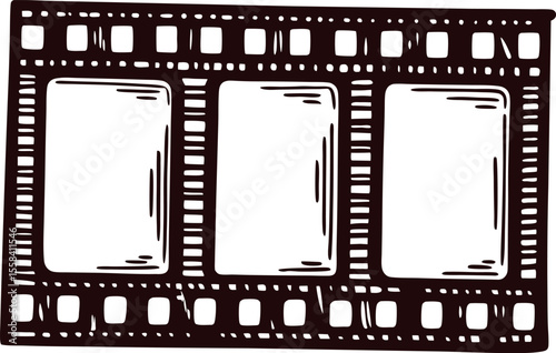 Vintage hand drawn film strip with three blank frames isolated on white background illustration