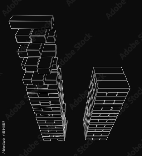 A minimalist Jenga game with two towers made of stacked rectangular blocks, illustrated in white lines on a black background. The high-contrast vector art features clean geometric shapes, sharp.