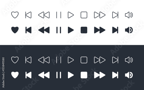 Media Player control icon set. Interface multimedia Buttons in flat style, white and black color. Like pause stop play next settings volume outline element editable stroke. Audio Music app display.