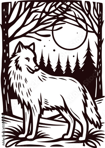 Wild wolf standing in moonlit forest with trees and mountains, hand drawn woodcut engraving illustration