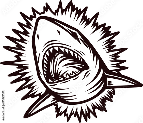 Ferocious shark illustration with open jaws and sharp teeth in dynamic burst sketch