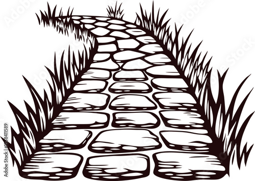 Hand drawn cobblestone path with grass isolated on white background vintage engraved illustration