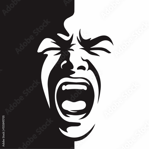 Emotional scream of a man with open shouting mouth - expression drawing in graffiti style.