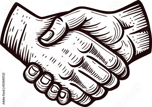 vintage engraved illustration of two hands shaking in agreement retro etching handshake emblem on white background