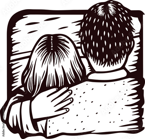 Couple sitting together embracing on bench vintage woodcut illustration