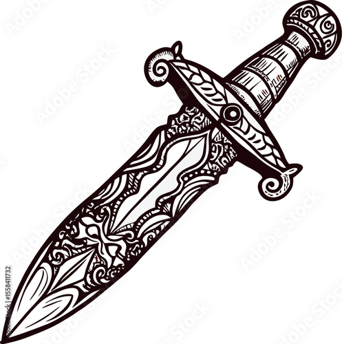 Ornate engraved dagger illustration with decorative patterns and curved blade isolated on white background