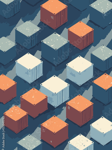 Geometric poster with an isometric pattern of shipping containers, in maritime blue, rust orange, white, and deep gray