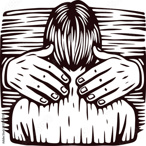 Person covering face with hands in despair, stylized woodcut line art illustration, emotional sadness expression