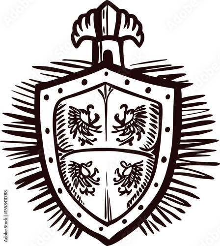 Hand drawn medieval shield with sword and heraldic lion emblem vintage engraved defensive armor illustration