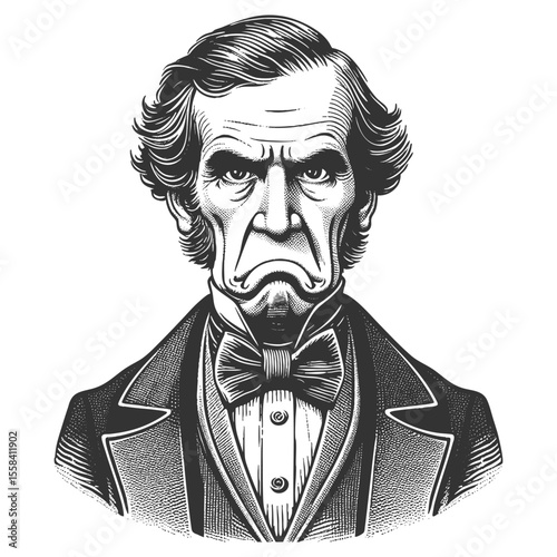 man in a suit and bow tie, frowning with a stern, serious facial expression sketch engraving generative ai fictional character vector illustration. Scratch board imitation. Black and white image.