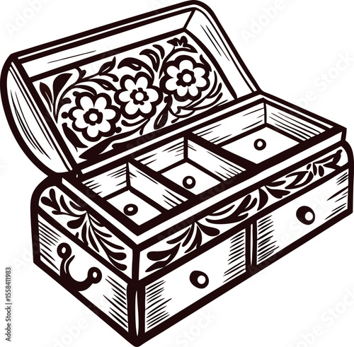 Ornate wooden jewelry box with floral carving and open compartments in vintage hand drawn illustration