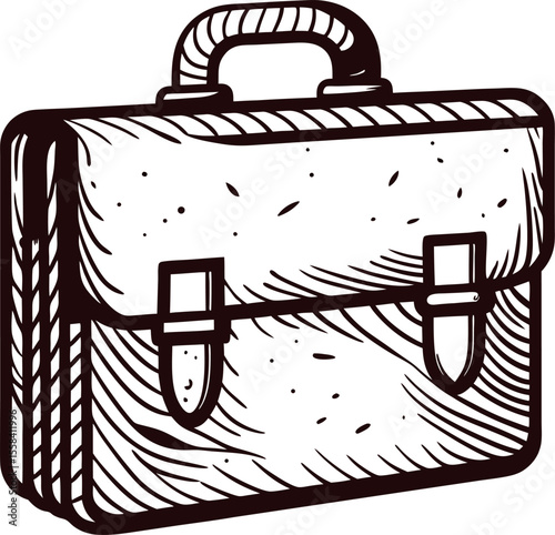 Hand drawn vintage leather briefcase illustration with handle and buckles in retro engraved sketch