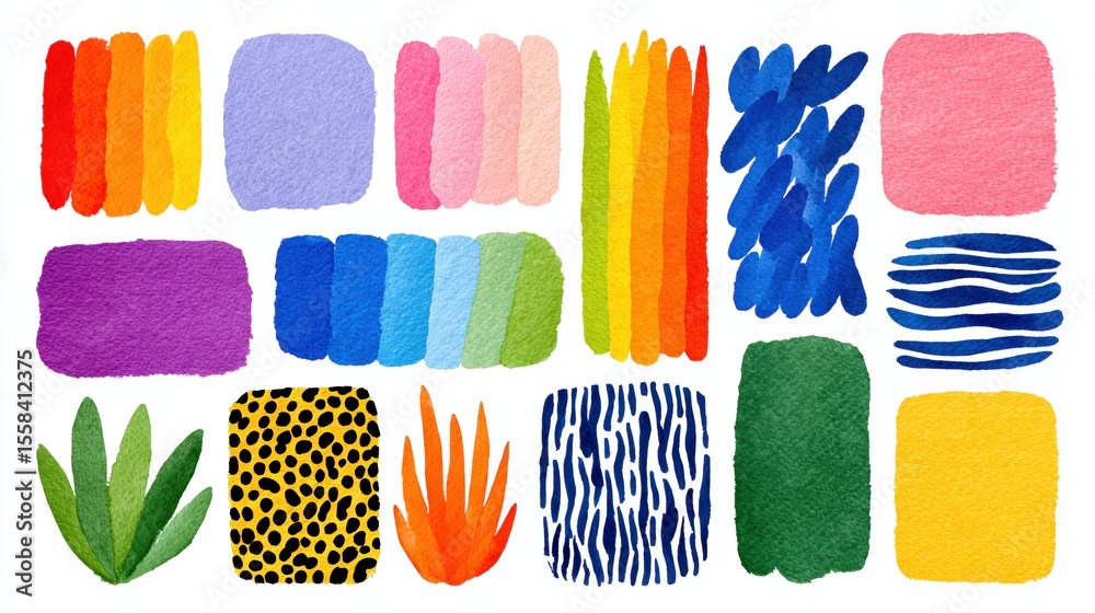 Fototapeta premium Abstract Handmade Collage Paper Shapes Set - Vibrant Colorful Torn Gradients, Brush Strokes, Sticker Doodles, Crumpled Textures on White Background, Icon Design Elements Collection